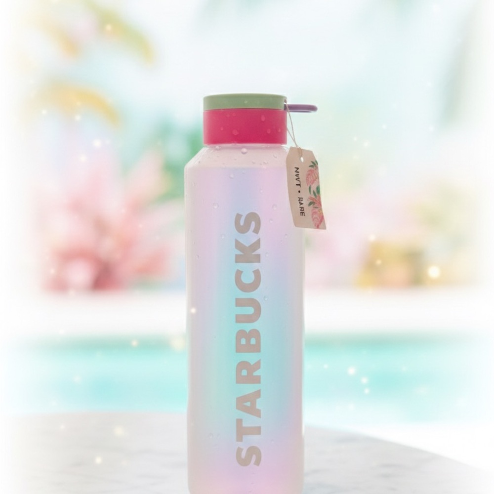 NWT Starbucks Iridescent Water Bottle 24oz - Pink & Green Lid - Rare